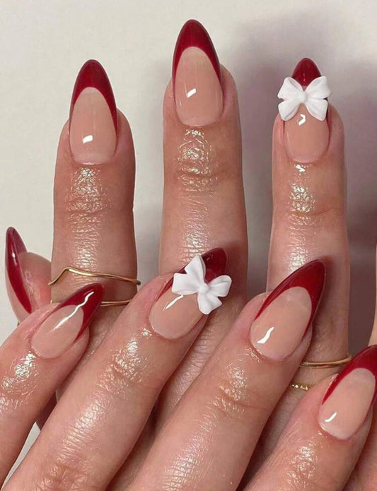 24pcs Press On Nails Long Square Claret French & Bow
Design