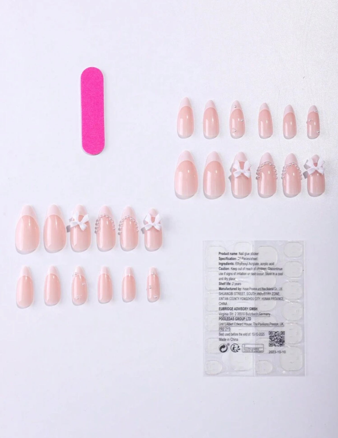 24pcs/Set Press On Nails Long
Almond Acrylic Nail White French & Bowknot Shaped Pearl