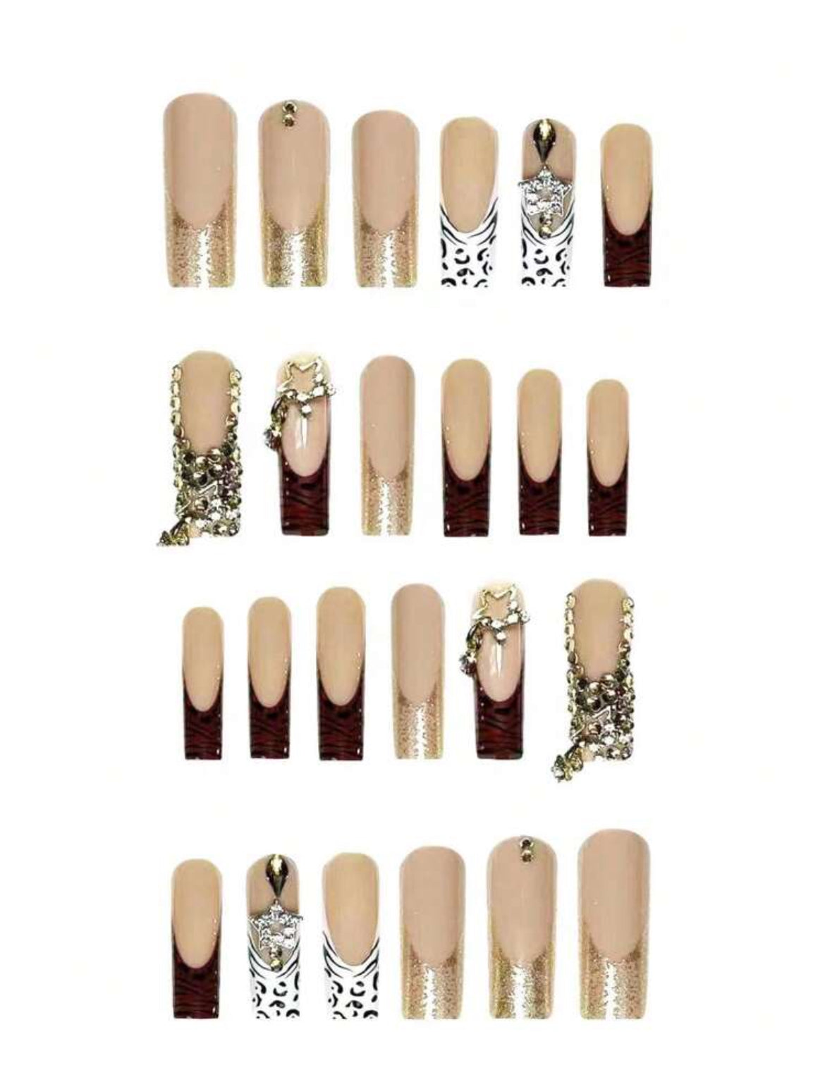 24pcs Long Square
Press-On Nails With Gold Glitter Hearts & Bows Design