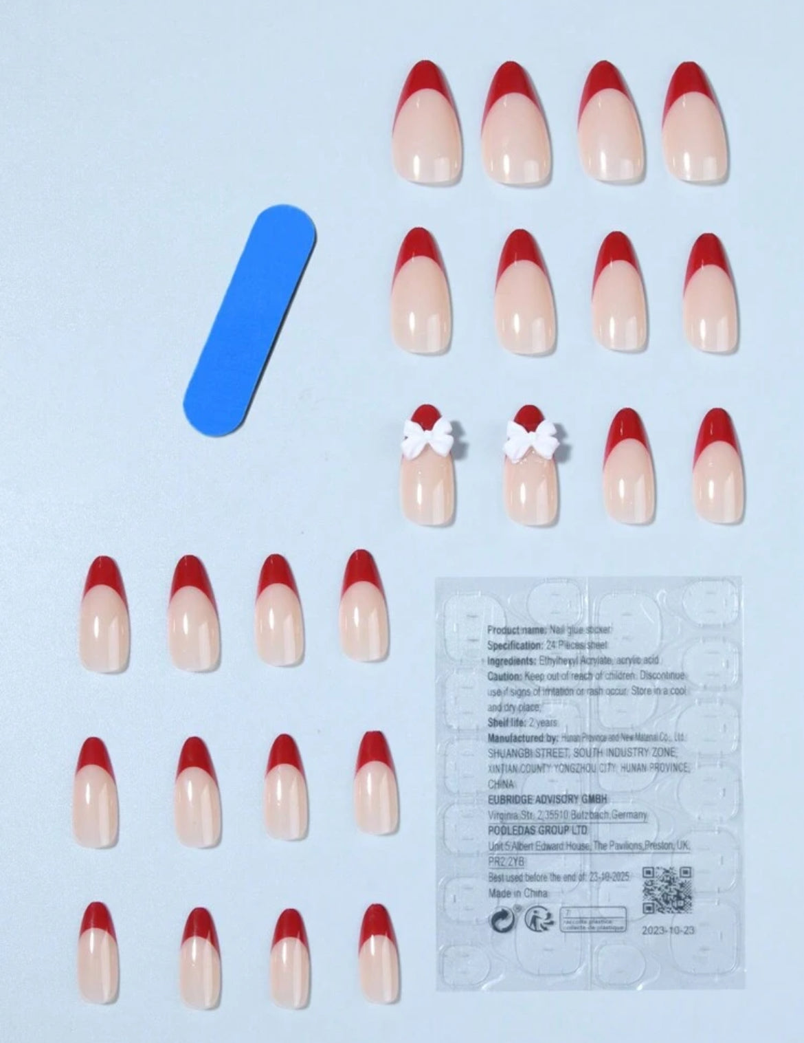 24pcs Press On Nails Long Square Claret French & Bow
Design