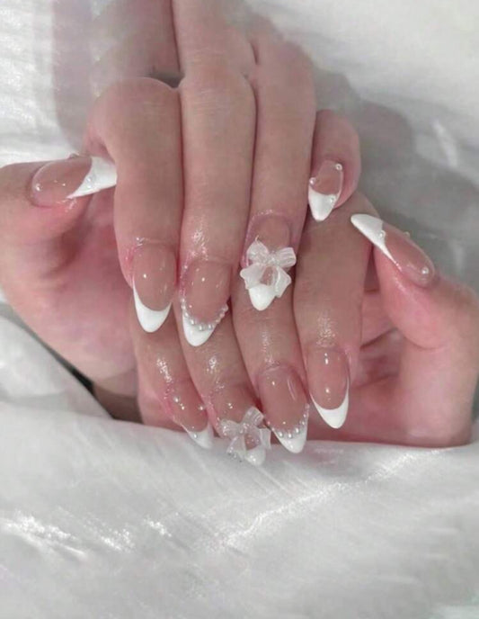 24pcs/Set Press On Nails Long
Almond Acrylic Nail White French & Bowknot Shaped Pearl